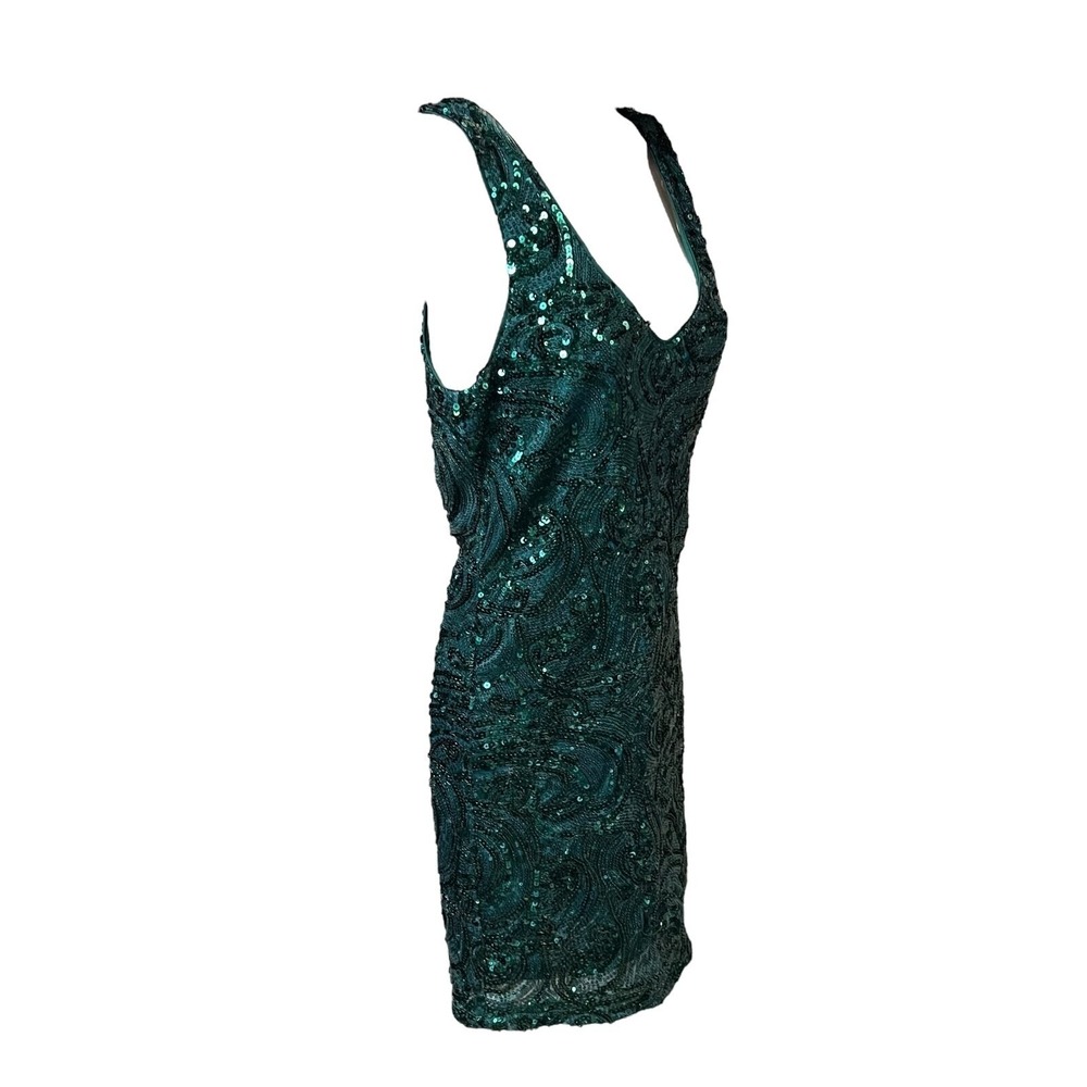 Forever 21 Emerald Green Sequin Mini Dress Small V-Neck Sleeveless Party Holiday - Picture 4 of 10